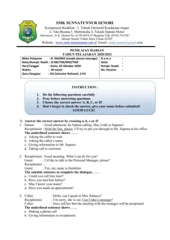 Soal ulangan harian i (taking phone message)