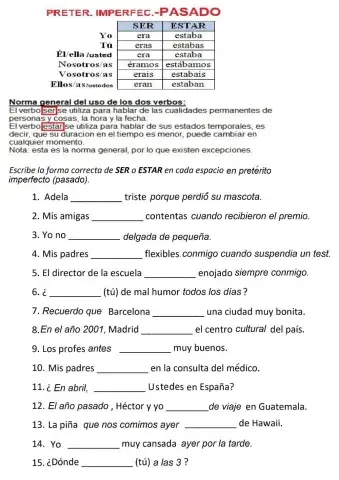 Ficha SER y ESTAR preterito imperfecto (pasado)