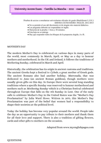 University Access Exam – Mother's Day