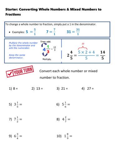 Starter: Converting Wholes and Mixed to Fractions