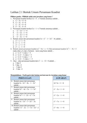 Latihan 2.1 Bentuk Umum Persamaan Kuadrat