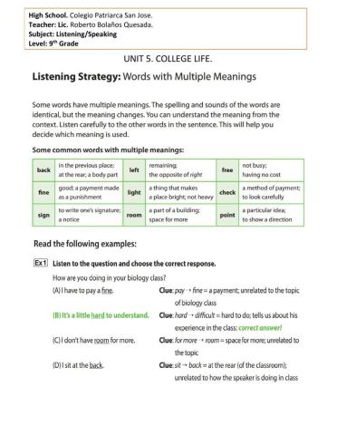 UNIT 5. COLLEGE LIFE. SYNONYMS LISTENING STRATEGY. 