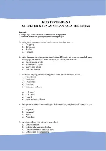 Kuis 1 Struktur & Fungsi Organ Pada Tumbuhan