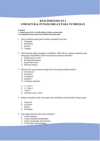 Kuis 1 Struktur & Fungsi Organ Pada Tumbuhan