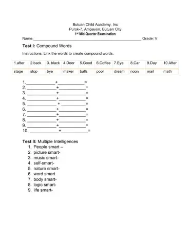 1st mid-quarter examination in english 5