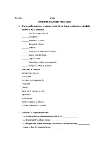 Oraciones Unimembres y Bimembres