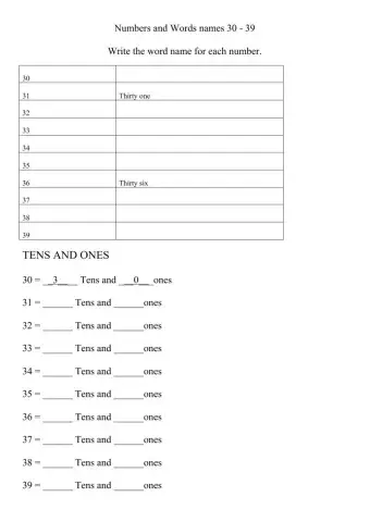 Place value numbers 30 -39