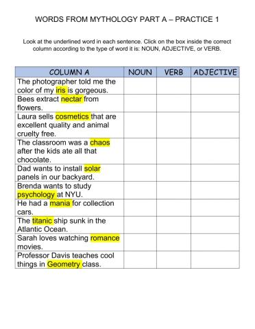 Words from Mythology Practice 1 Part A