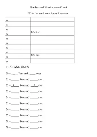 Place value numbers 50 -59