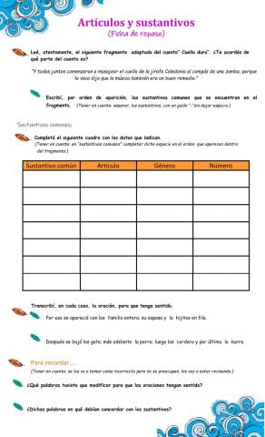 Ficha repaso- Artículos y sustantivos