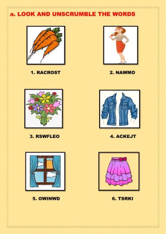 Look, unscrumble and complete.