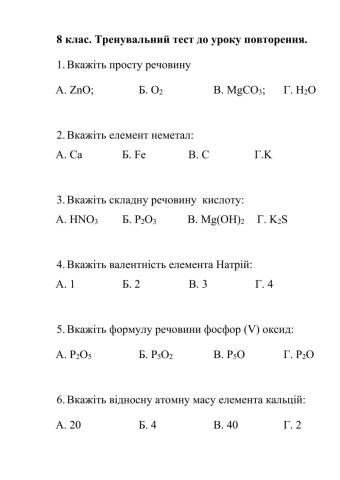 8 клас. Підготовка до вхідного тестування