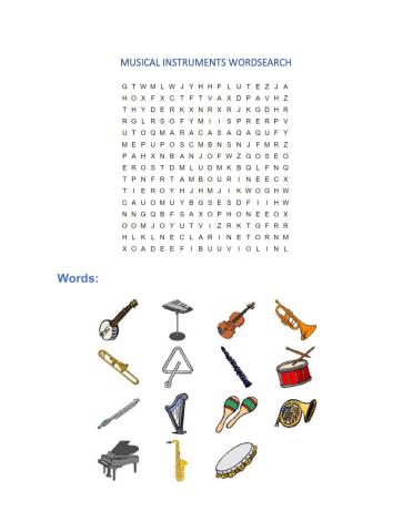 Musical instruments wordsearch