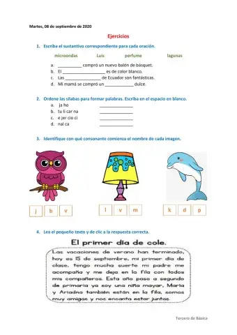 Ejercicios con sustantivos, sílabas y lectura