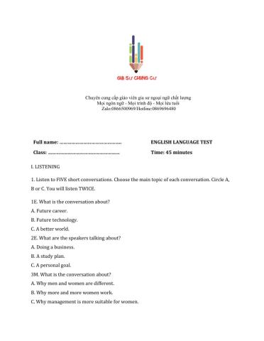 Lớp 9 - Kiểm tra 45 phút số 4 (Unit 10, 11)