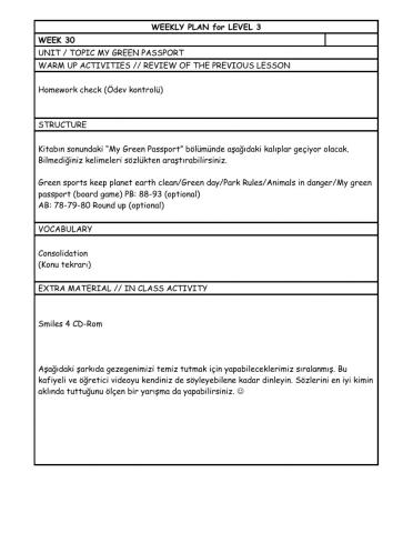 Level 3 Week 30 weekly plan