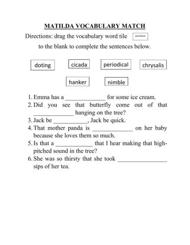 Matilda Chapters 1-7 Vocabulary Match