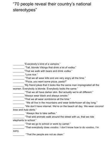 70 Countries' Stereotypes