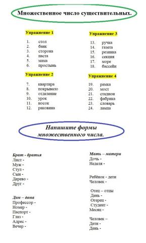 Поставьте существительные во множественное число