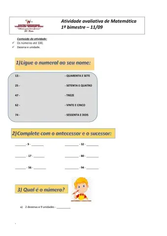 Atividade avaliativa de Matemática - Dezenas e números até 100