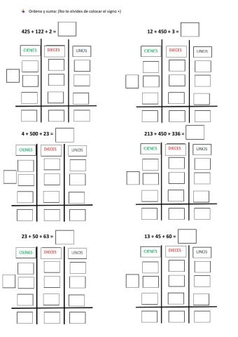 Sumas paradas sin dificultad de tres sumandos