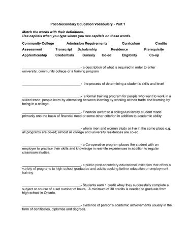 Post-Secondary Vocabulary Part 1