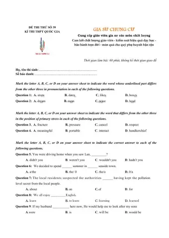 Đề thi thử Tiếng Anh THPT Quốc gia số 39