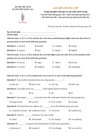 Đề thi thử Tiếng Anh THPT Quốc gia số 40