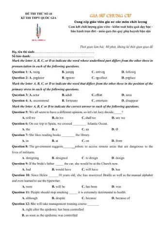 Đề thi thử Tiếng Anh THPT Quốc gia số 44