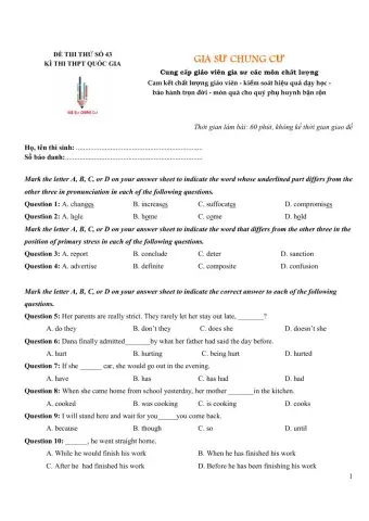 Đề thi thử Tiếng Anh THPT Quốc gia số 43