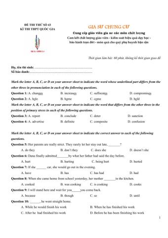 Đề thi thử Tiếng Anh THPT Quốc gia số 43