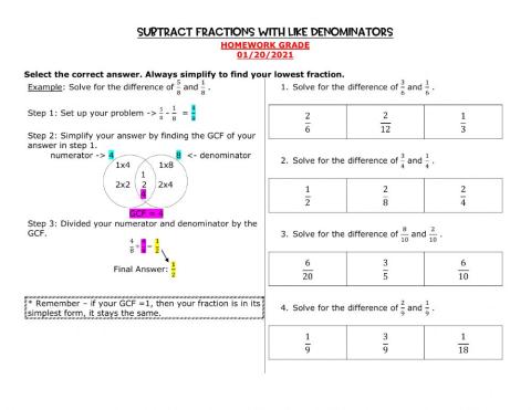Subtract Fractions with Like Denominators