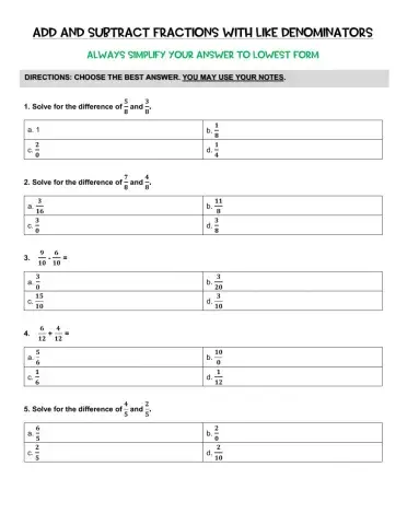 Add and Subtract Fractions with Like Denominators