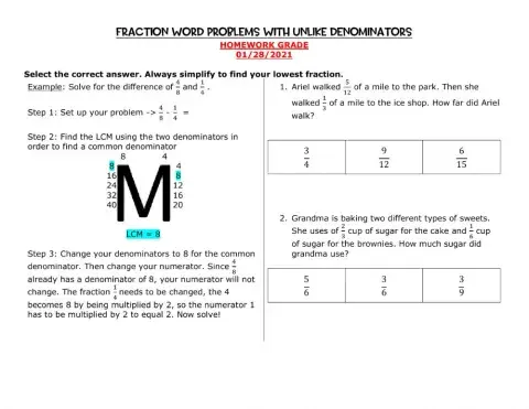 Fraction Word Problems with Unlike Denominators
