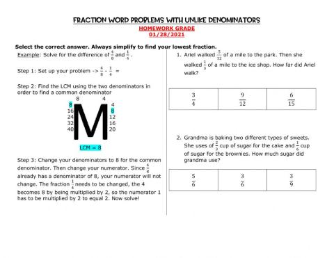 Fraction Word Problems with Unlike Denominators