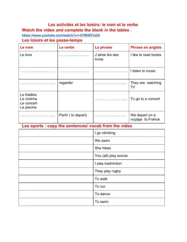 Les loisirs le nom et le verbe