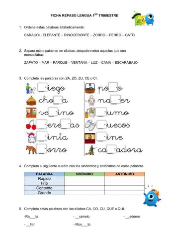 Ficha repaso primer trimestre lengua