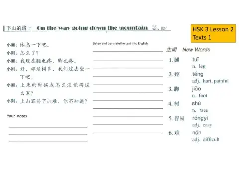 HSK 3 lesson 2 texts 1 worksheets