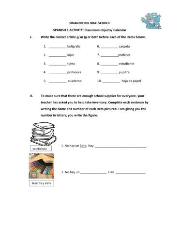 Classroom objects and calendar