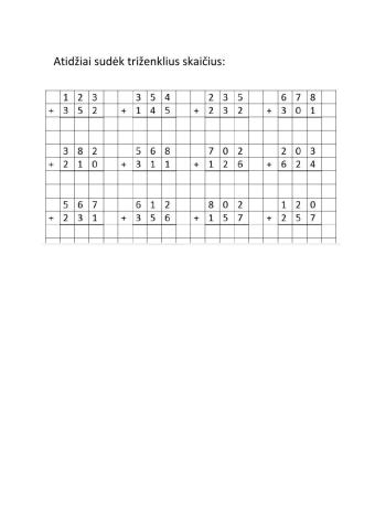 Skaičių sudėtis iki 1000 neperžengiant 10