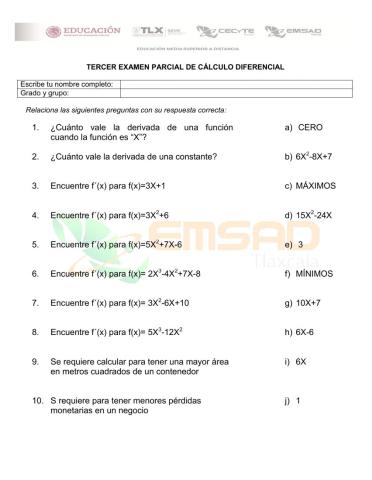 Examen de Cálculo Diferencial tercer parcial