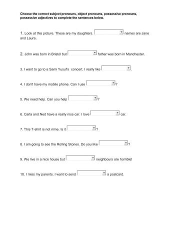 Subject pronouns, object pronouns, possessive pronouns, possessive adjectives