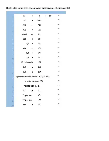 Cálculo mental 2 (sumas, restas y series con decimales, fracciones y números naturales)