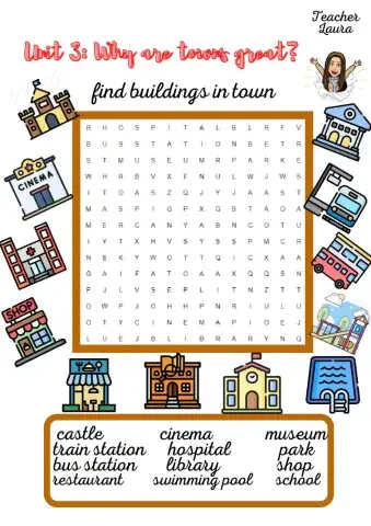Buildings in town wordsearch