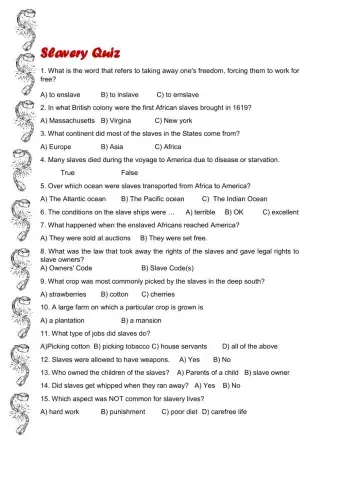 Quiz on slavery