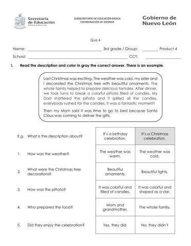 December Quiz - 3rd Grade - Celebrations