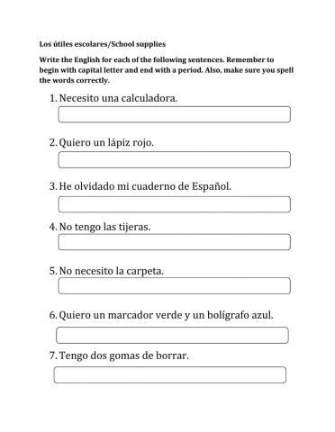 School supplies in Spanish