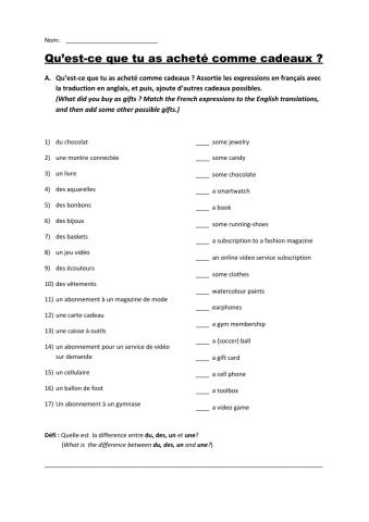 Quést-ce que tu as acheté comme cadeau