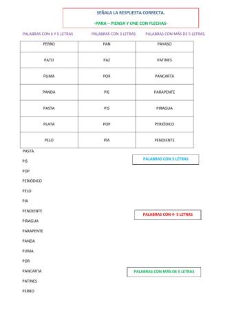 Palabras con 3, 4 y 5 letras.