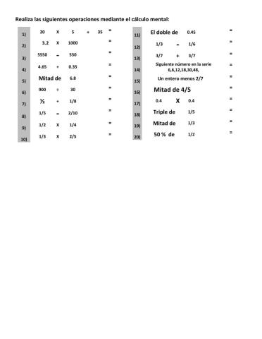 Cálculo mental 3 (sumas, restas, porcentaje y series con números decimales, fracciones y naturales)